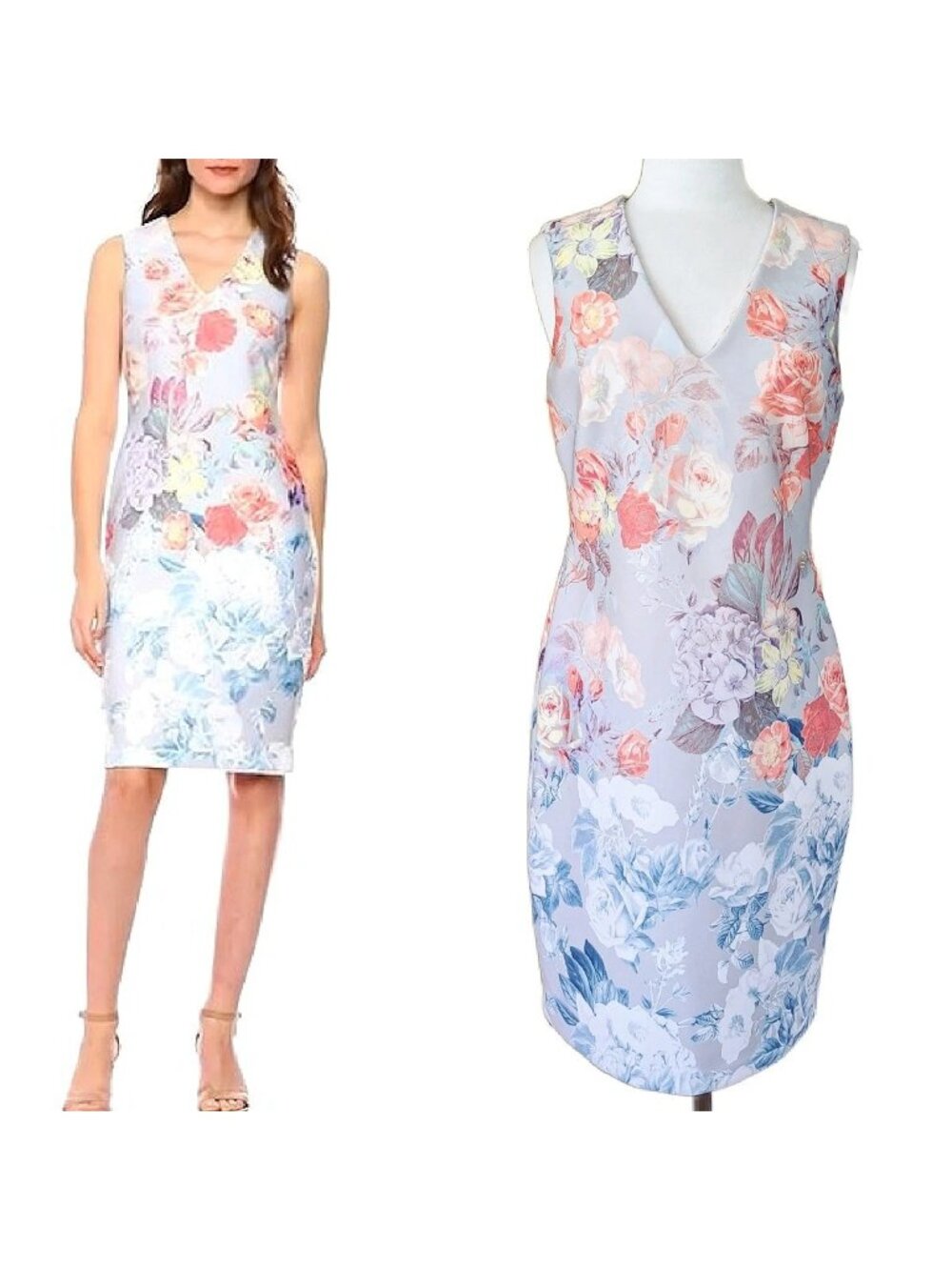 Calvin Klein Floral Sleeveless Sheath Dress Womens Size 14 Multicolor V-Neck